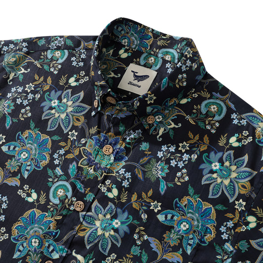 Black Hawaiian Shirt For Men Fantasy Flowers Print Short Sleeve Cotton Button Down