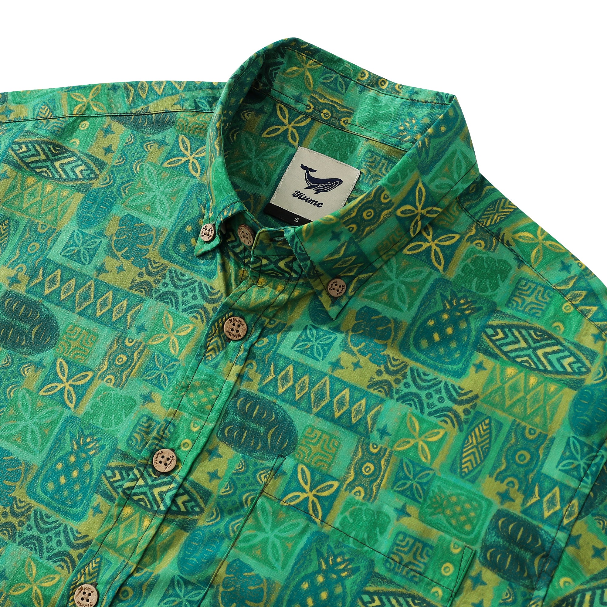 アロハシャツ男性用ティキ・ウッディ・ミラーデザイナーシャツグリーントーテム綿100%