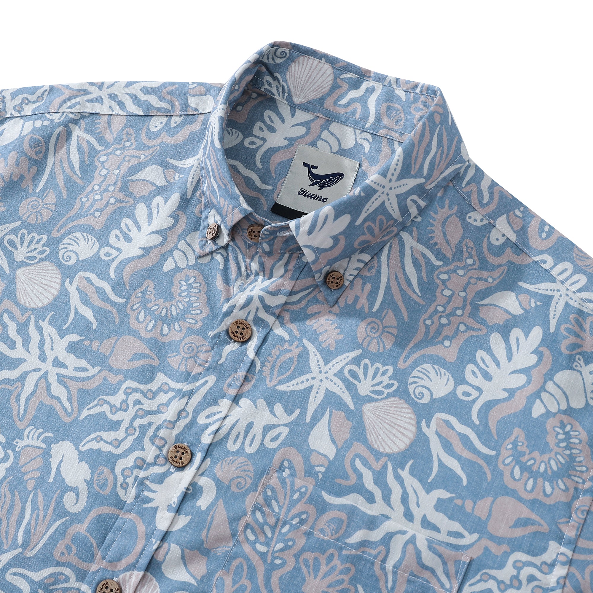 アロハシャツ メンズ オーシャン シルエット プリント コットン 100% 半袖 - ブルー