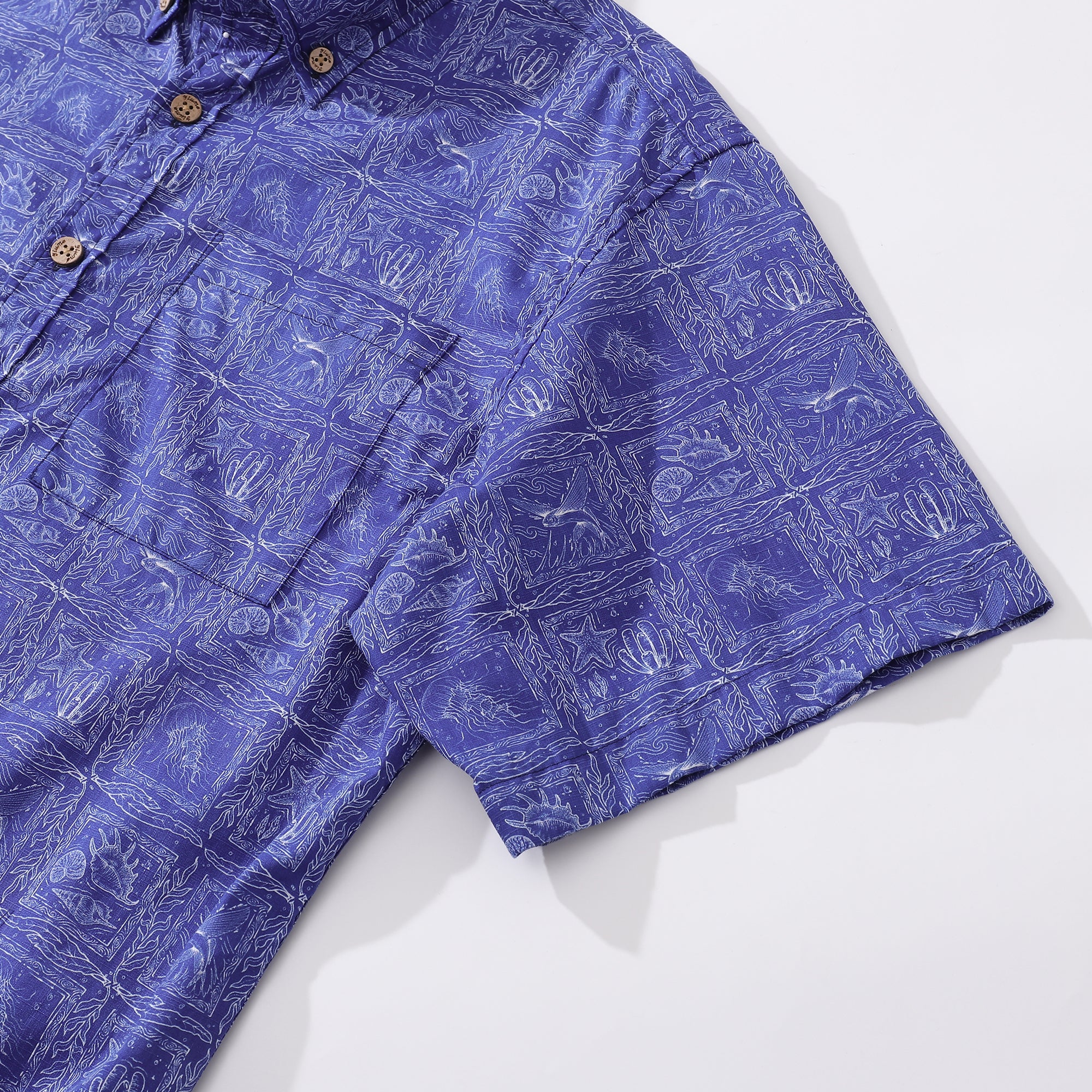 Hawaii-Hemden für Herren, bedrucktes Kurzarmhemd mit Ocean Life und Line-Kombination – Marineblau