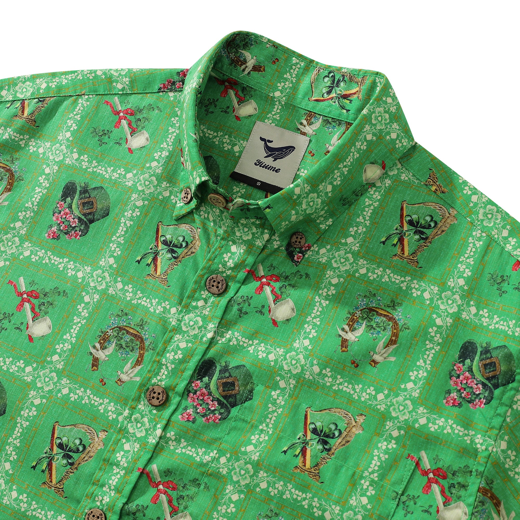 Camicia hawaiana da uomo Camicia verde in cotone a maniche corte per il giorno di San Patrizio