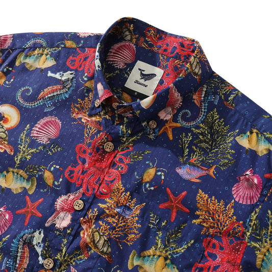 Dark Blue Fish Shirt Men's Marine Life Hawaiian Shirt Button-down Cotton Shirt