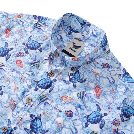 Camicia hawaiana da uomo Camicia Aloha a maniche corte abbottonata in cotone con stampa dell'Odissea di una tartaruga marina