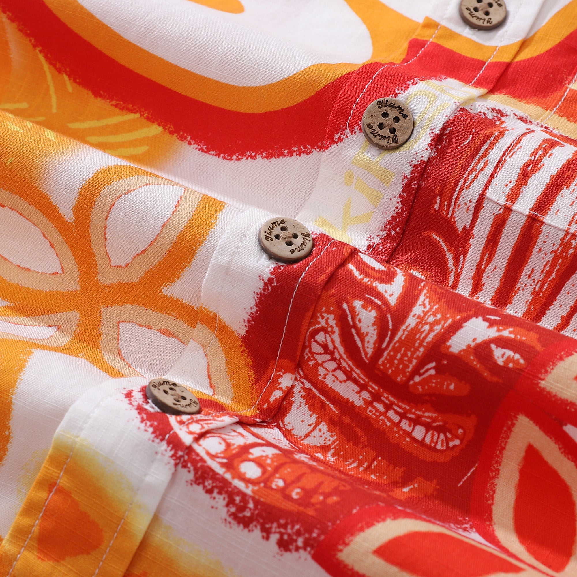 Camicia hawaiana per bambini Camicia firmata Tikirob Manica corta abbottonata in cotone con stampa totem arancione