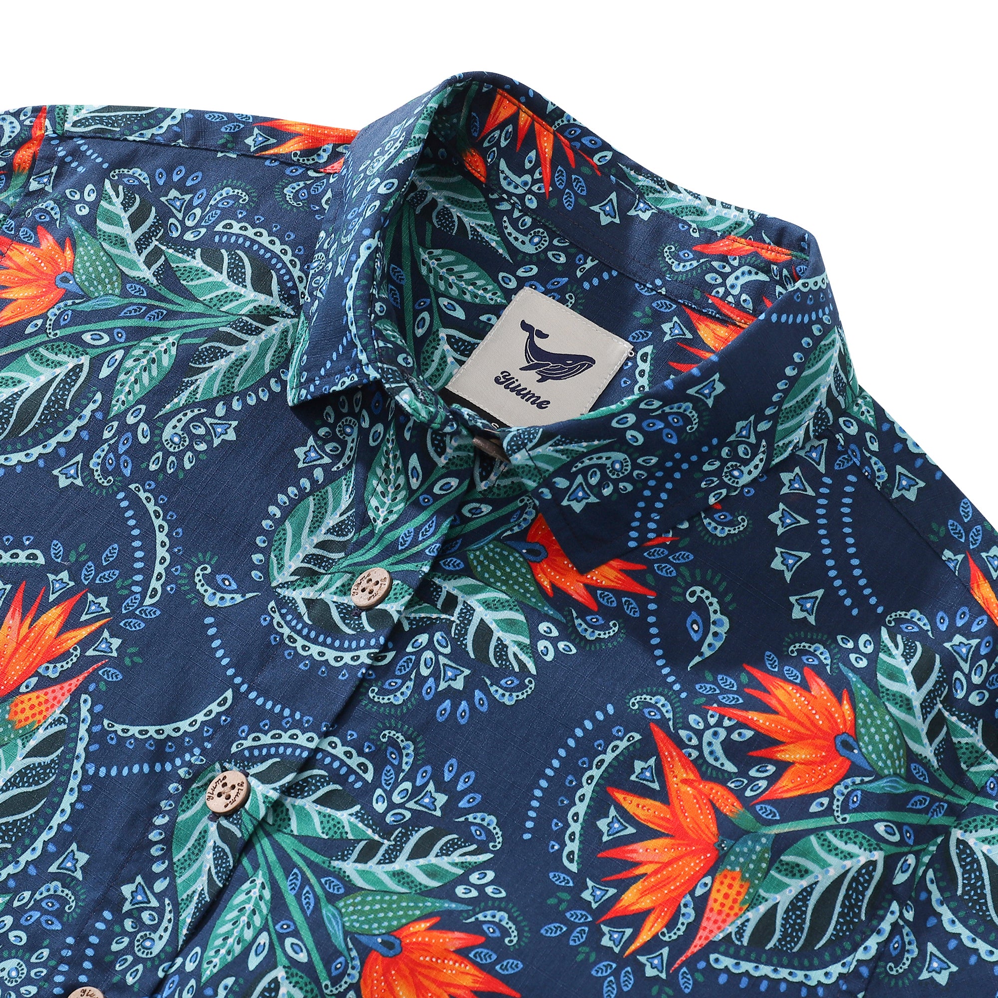 Camisa hawaiana de mujer con estampado de pájaros del paraíso de Fizah Malik de algodón con botones y manga corta