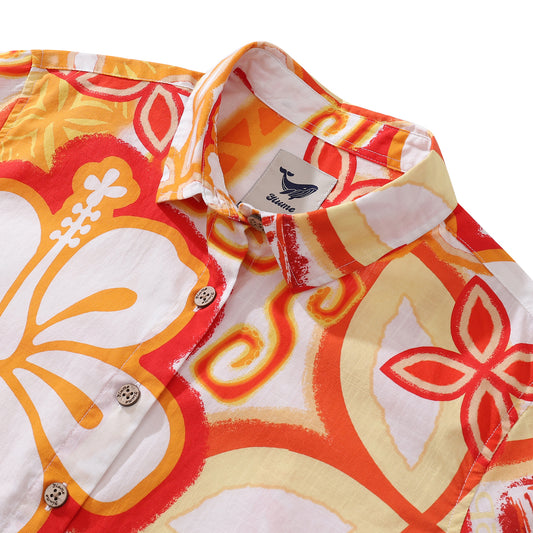 Women's Hawaiian Shirt Orange Totem By Tikirob Print Cotton Button-up Short Sleeve