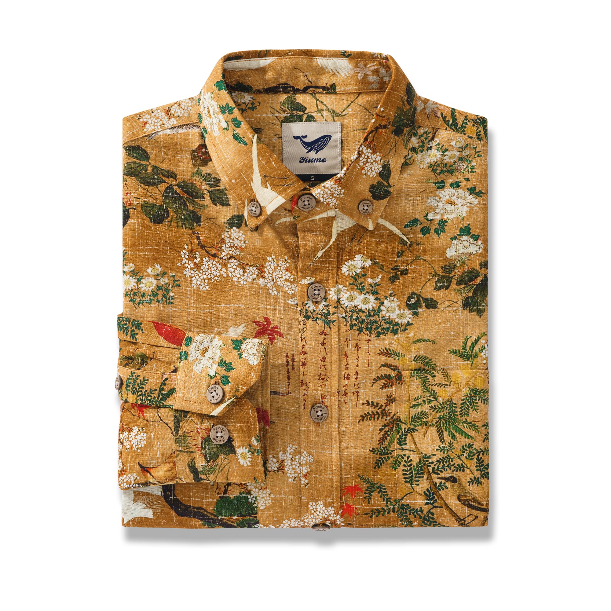 Camisa con pintura de paisaje inspirada en el arte hawaiano, 100 % algodón, camisa hawaiana de manga larga con botones para hombre