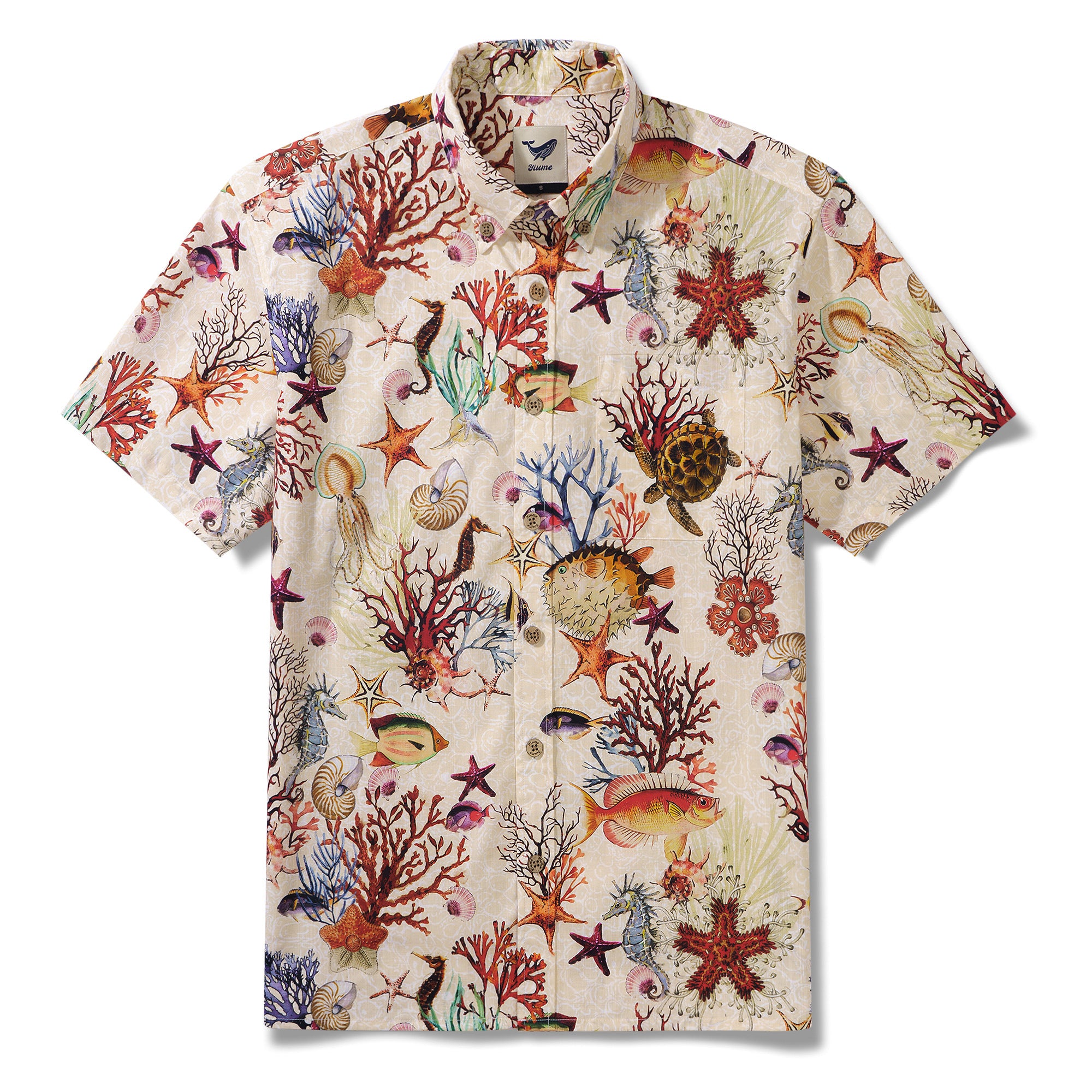 Red Ocean Melody 100% Cotton Men's Short Sleeve Button-down Shirt Orange Aloha Hawaiian