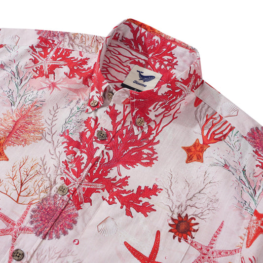 Men's Marine Life Hawaiian Shirt Short Sleeve Button-down 100% Cotton Pink Aloha Coral Reverie