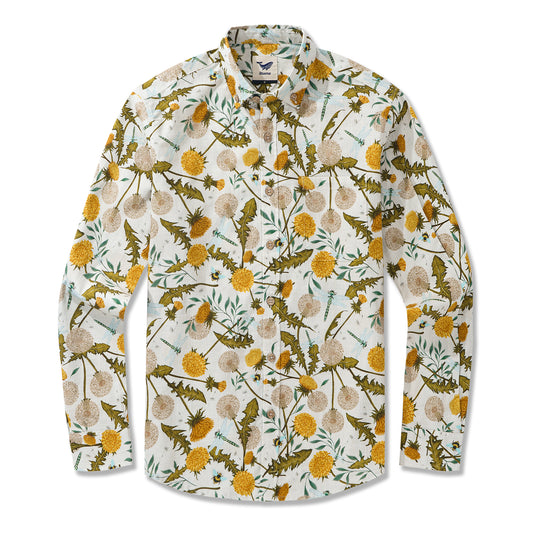 Dandelion Dreams and Dragonfly Delight By Silver Steer Design 100% Cotton Men's Aloha Hawaiian Long Sleeve Button-down Shirt