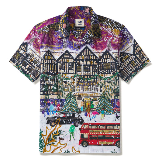 Christmas 100% Cotton Hawaiian Shirt For Men Cosmic Christmas in London By Emma Frances Grant Camp Collar Aloha Shirt