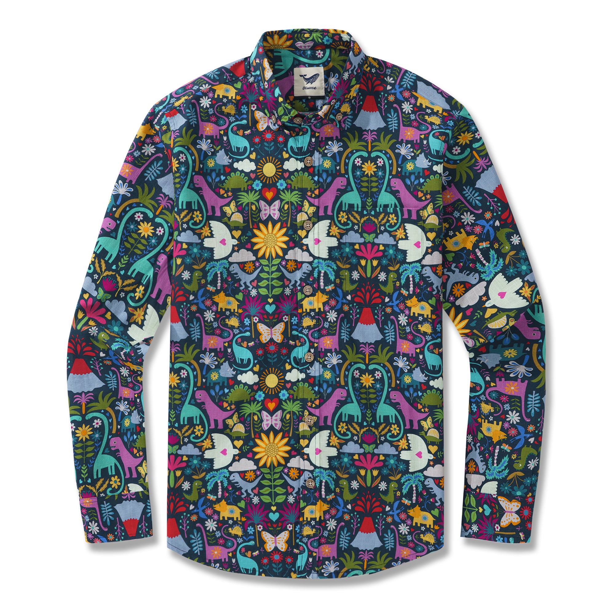 Peace Love and Dinosaurs By Cecca Designs 100% Cotton Men's Aloha Hawaiian Long Sleeve Button-down Shirt