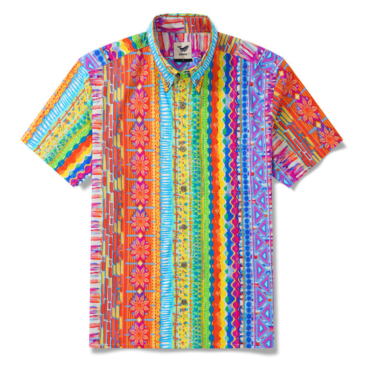 Men's Hawaiian Shirt Short Sleeve Button-down 100% Cotton Red Aloha Geometric Dimensions