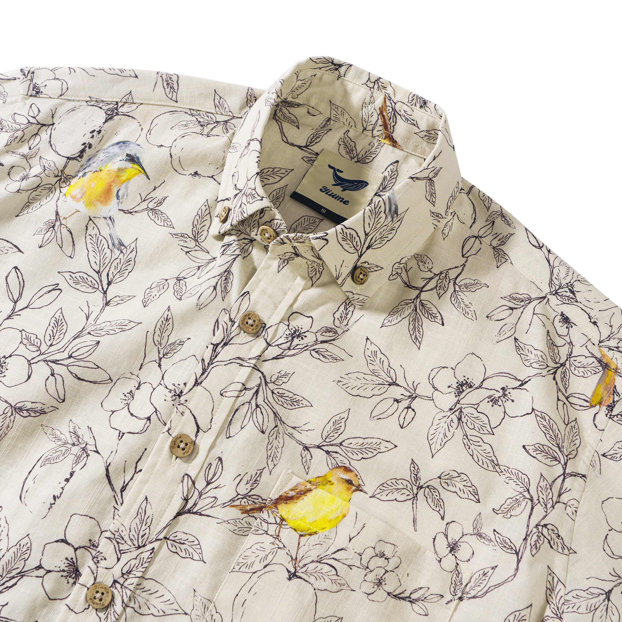 Birds and Blossoms By Hina Mirza 100% Cotton Men's Long Sleeve Button-down Shirt Beige Aloha Hawaiian