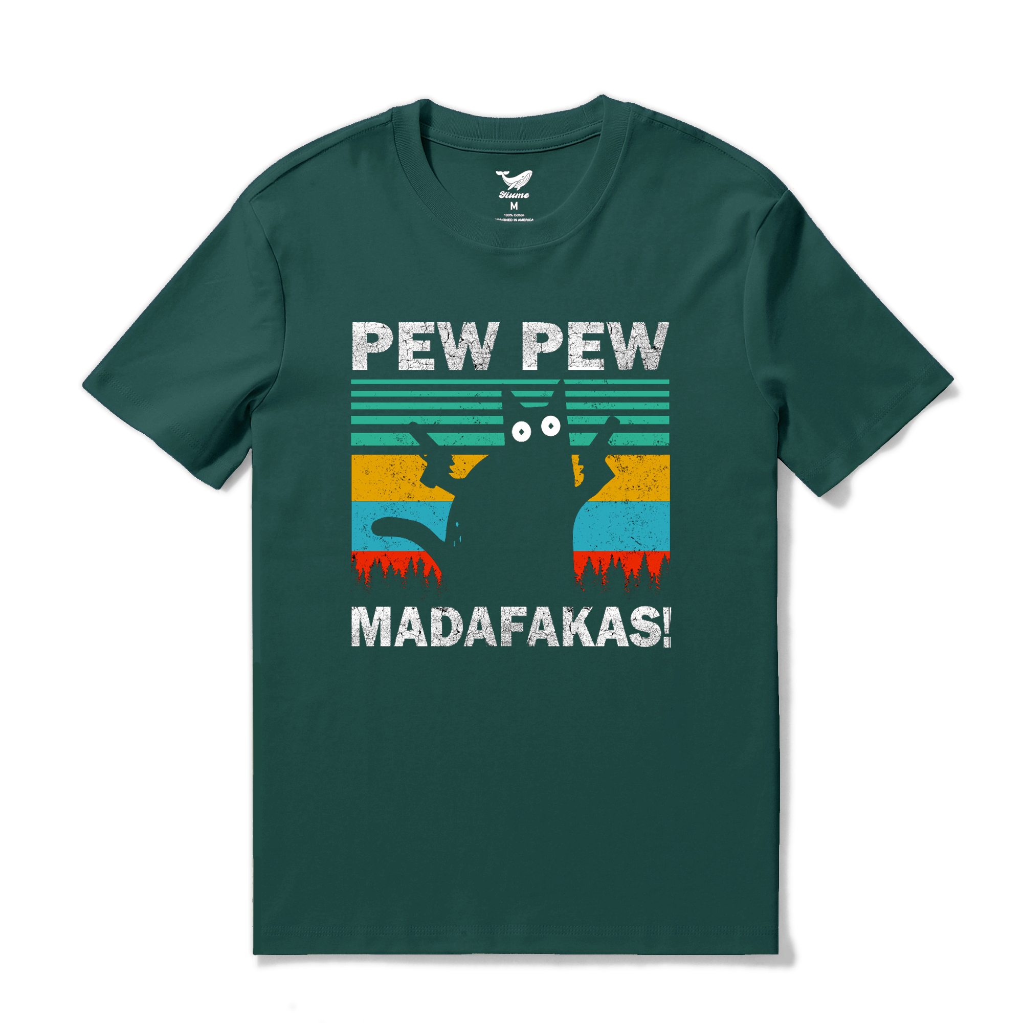 Hawaiian Tee For Men Pew Pew Madafakas Cat Tee Crew Neck 100% Cotton - DARK GREEN