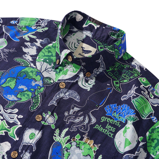 Men's Hawaiian Shirt Short Sleeve Button-down 100% Cotton Aloha Save Earth