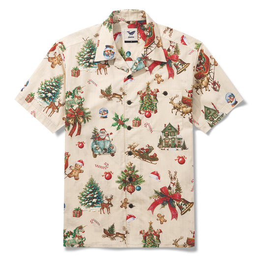 Vintage Christmas 100% Cotton Men's Aloha Hawaiian Short Sleeve Camp Collar Shirt