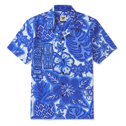 100% Cotton Hawaiian Shirt For Men Blue Tiki Camp Collar Aloha Shirt