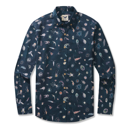 Plankton By Katherine Quinn 100% Cotton Men's Long Sleeve Button-down Shirt Blue Aloha Hawaiian