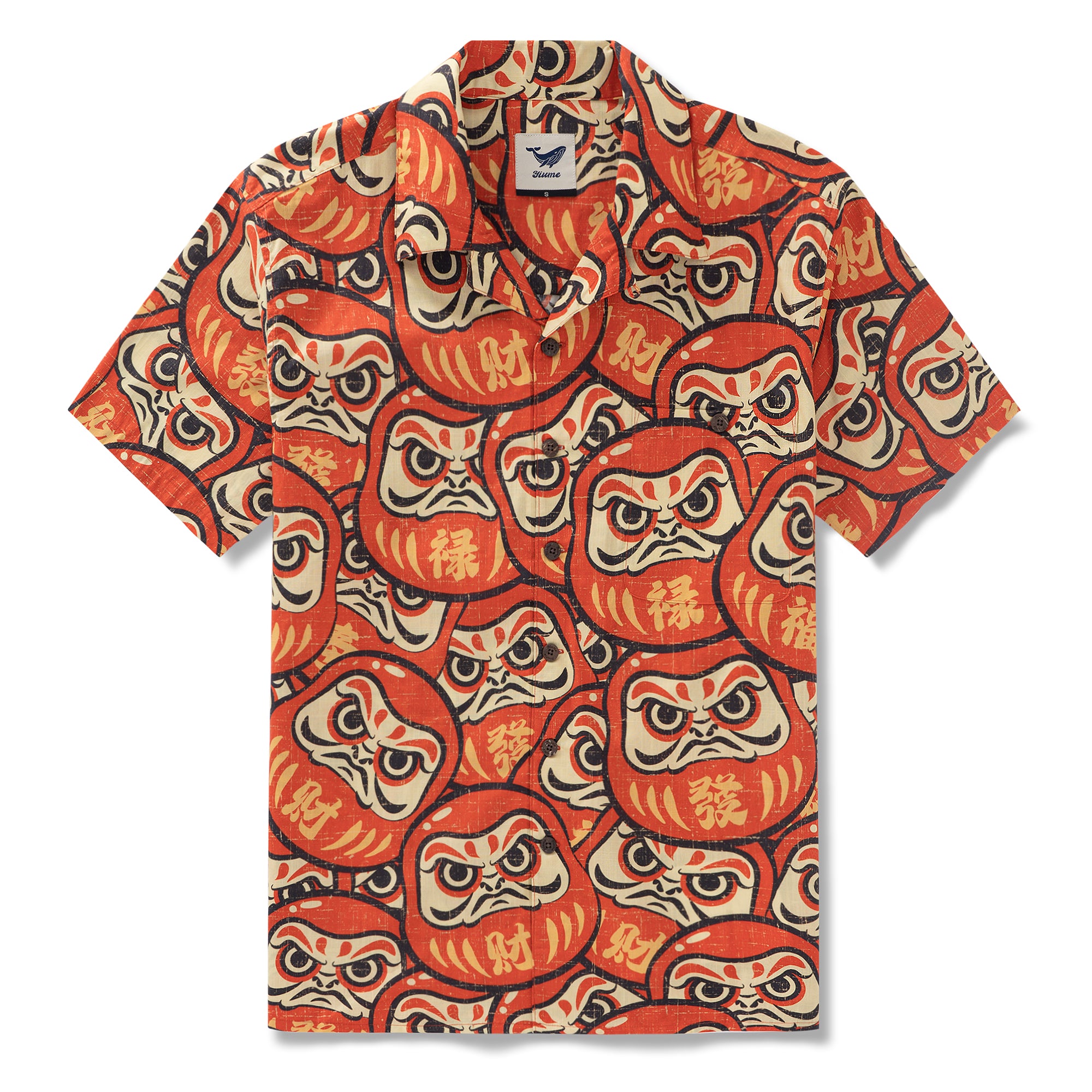 100% Cotton Hawaiian Shirt For Men Japanese Daruma Doll Camp Collar Shirt