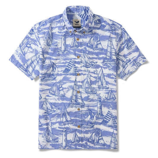 Aloha Captain 100% Cotton Men's Short Sleeve Button-down Shirt Blue Aloha Hawaiian