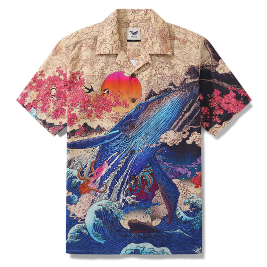 100% Cotton Hawaiian Shirt For Men Ukiyo-e NO6 By RLoN Camp Collar Aloha Shirt