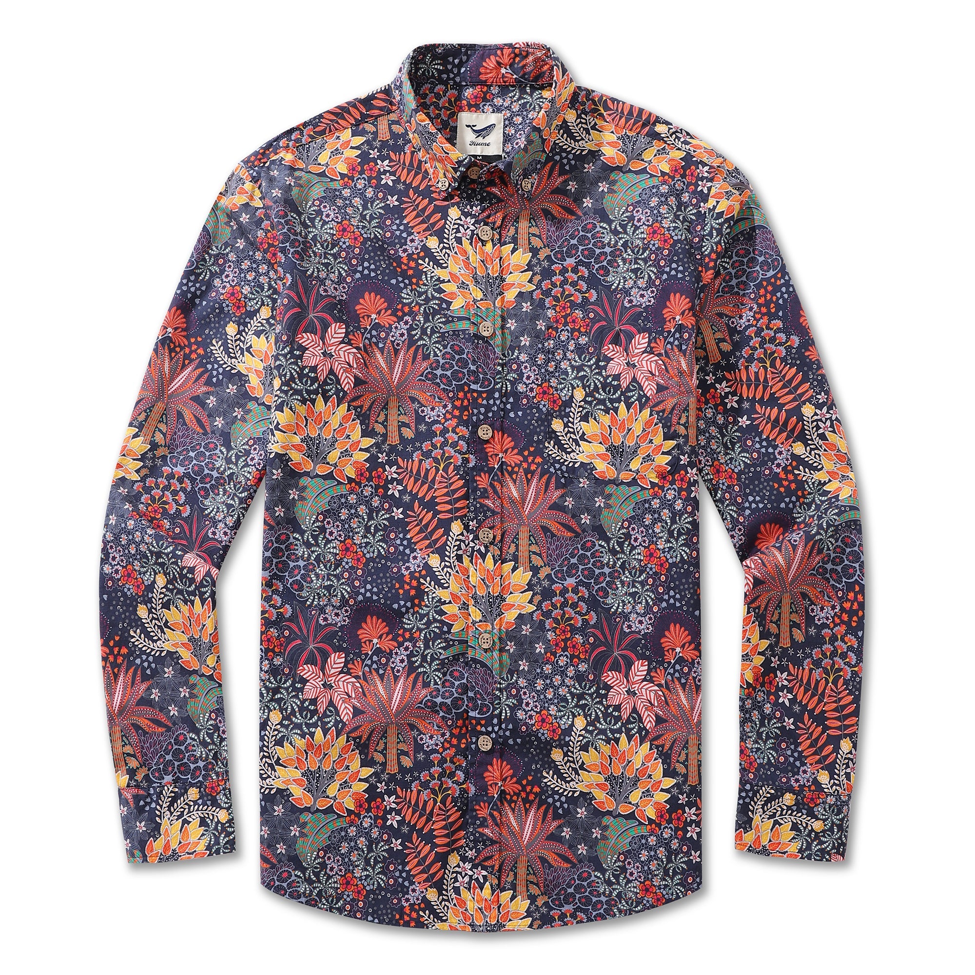Camisa Hawaiana para Hombre con Estampado de Plantas Peculiares de Algodón, Botones y Manga Larga Aloha