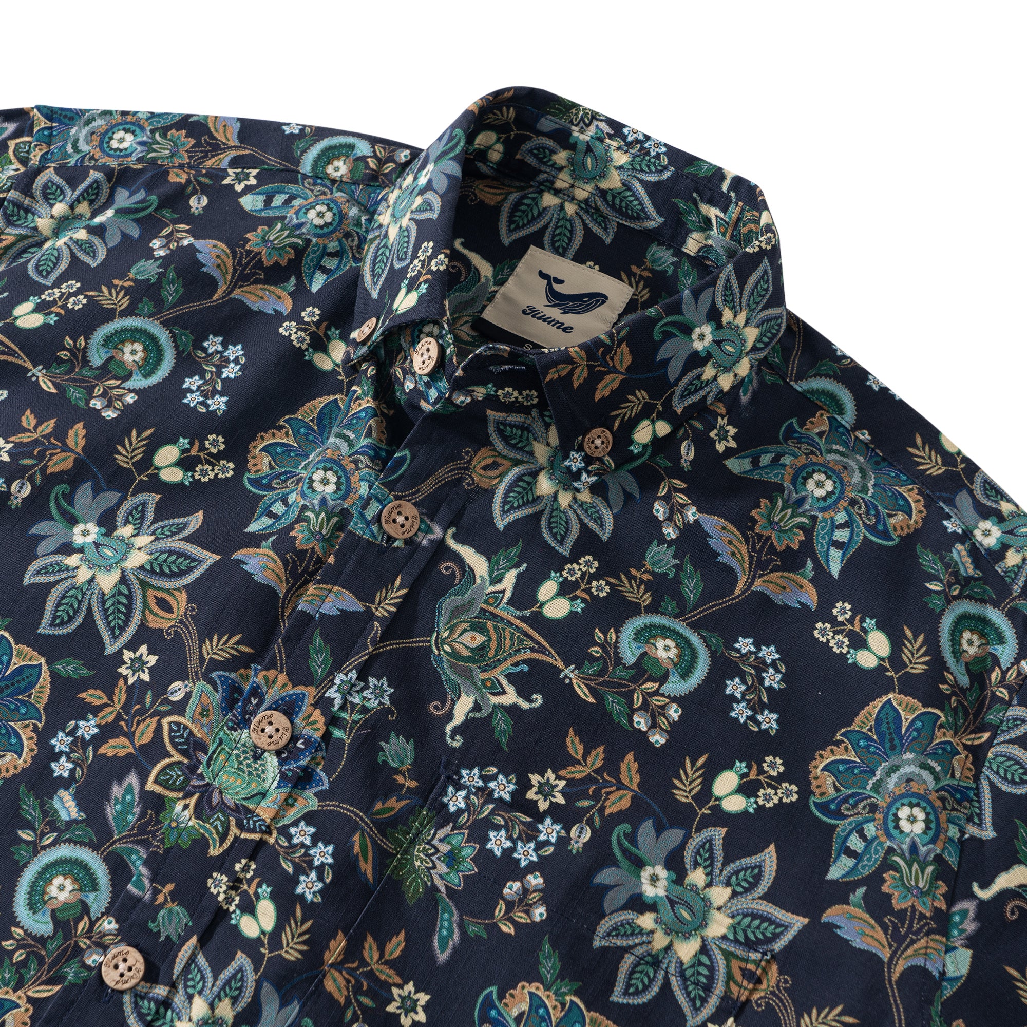 Hawaiian Artisan Shirts Black Fantasy Flowers 100% Cotton Men's Long Sleeve Button-down Shirt Green Aloha Hawaiian