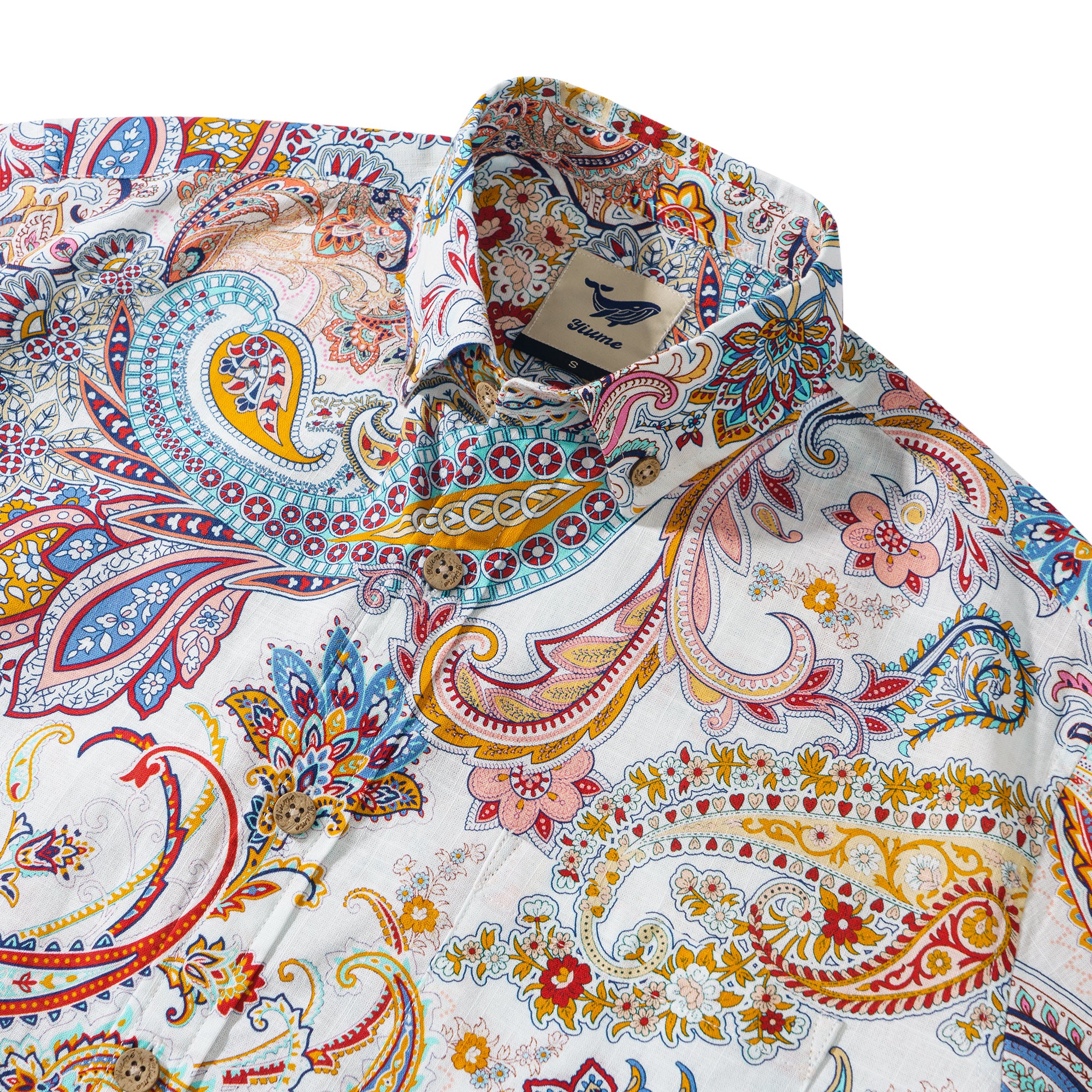 Dance of Paisley 100% Cotton Men's Long Sleeve Button-down Shirt White Aloha Hawaiian