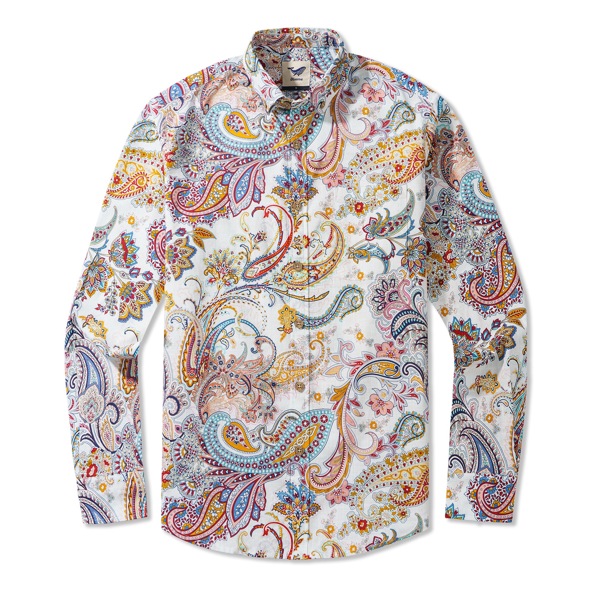 Dance of Paisley 100% Cotton Men's Long Sleeve Button-down Shirt White Aloha Hawaiian