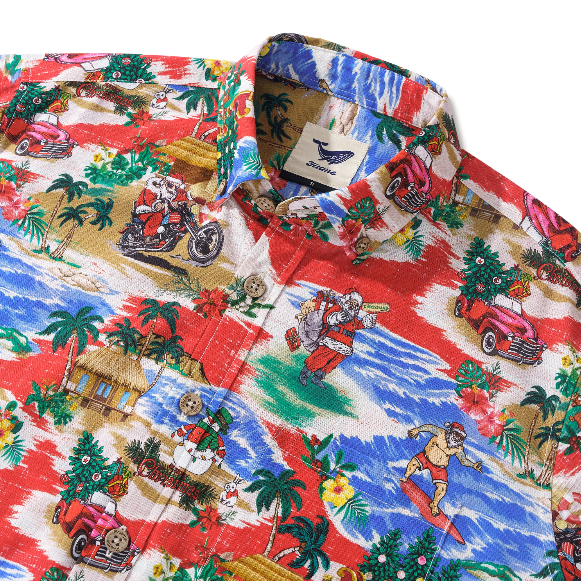 Christmas Long Sleeve Hawaiian Shirt For Men Santa Claus on a Harley 100% Cotton Button-down Aloha Shirt