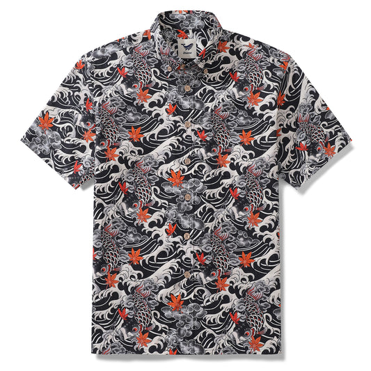 Hawaiian Shirt For Men Koi Waves Button-down Shirt Short Sleeve 100% Cotton Shirt