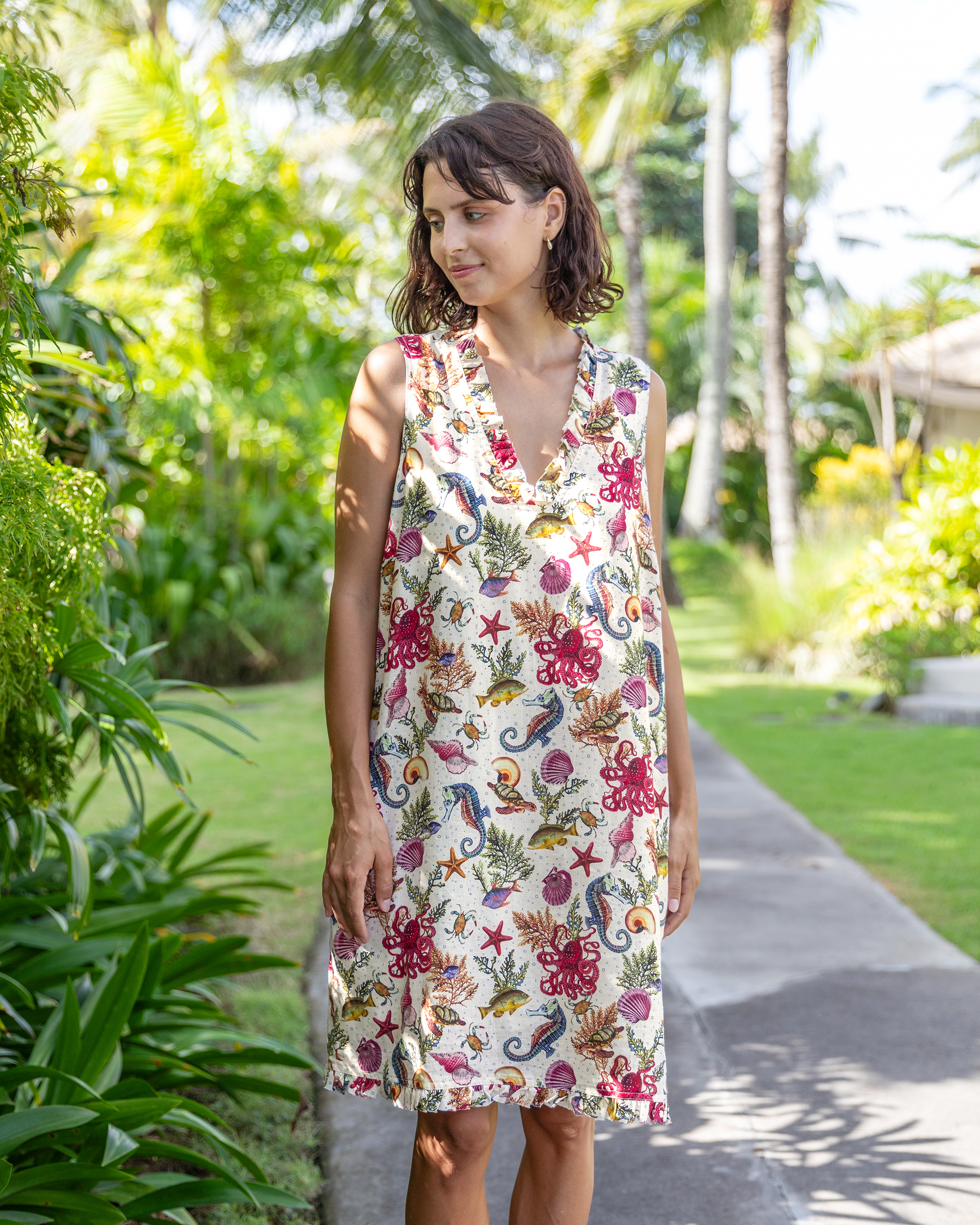 Hawaiian Dress For Women Tropical Vacation Dress Marine Life Seahorse Octopus V-Neck dressesSleeveless Dress