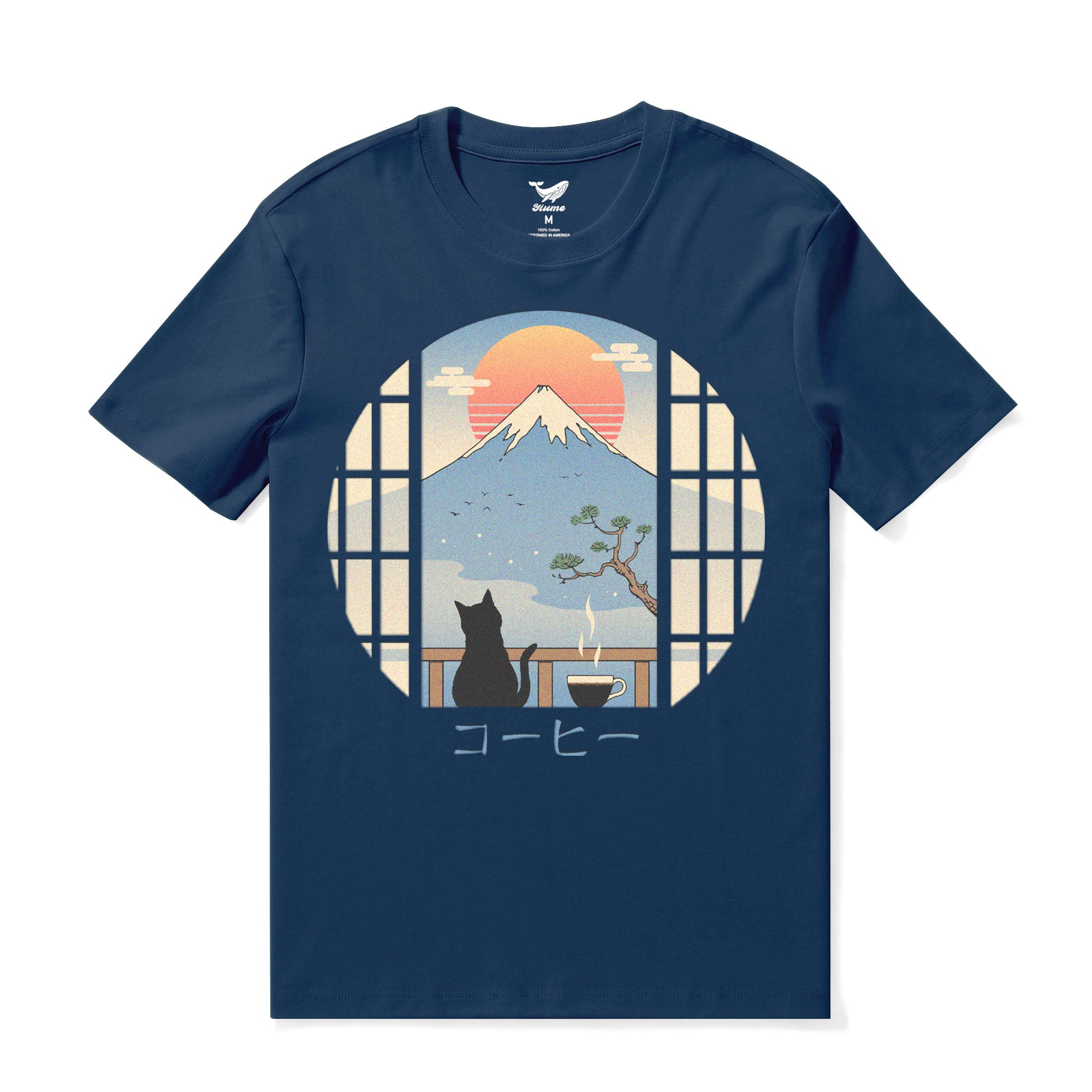 Hawaiian Tee For Men Coffee Cat in MT. FUJI Tee Crew Neck 100% Cotton - NAVY BLUE