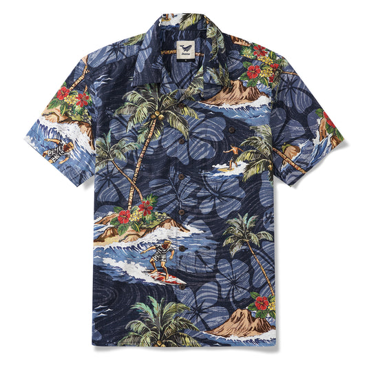 ALOHA Surf Shirt 100% Cotton Men's Short Sleeve Camp Collar Shirt Blue Aloha Hawaiian