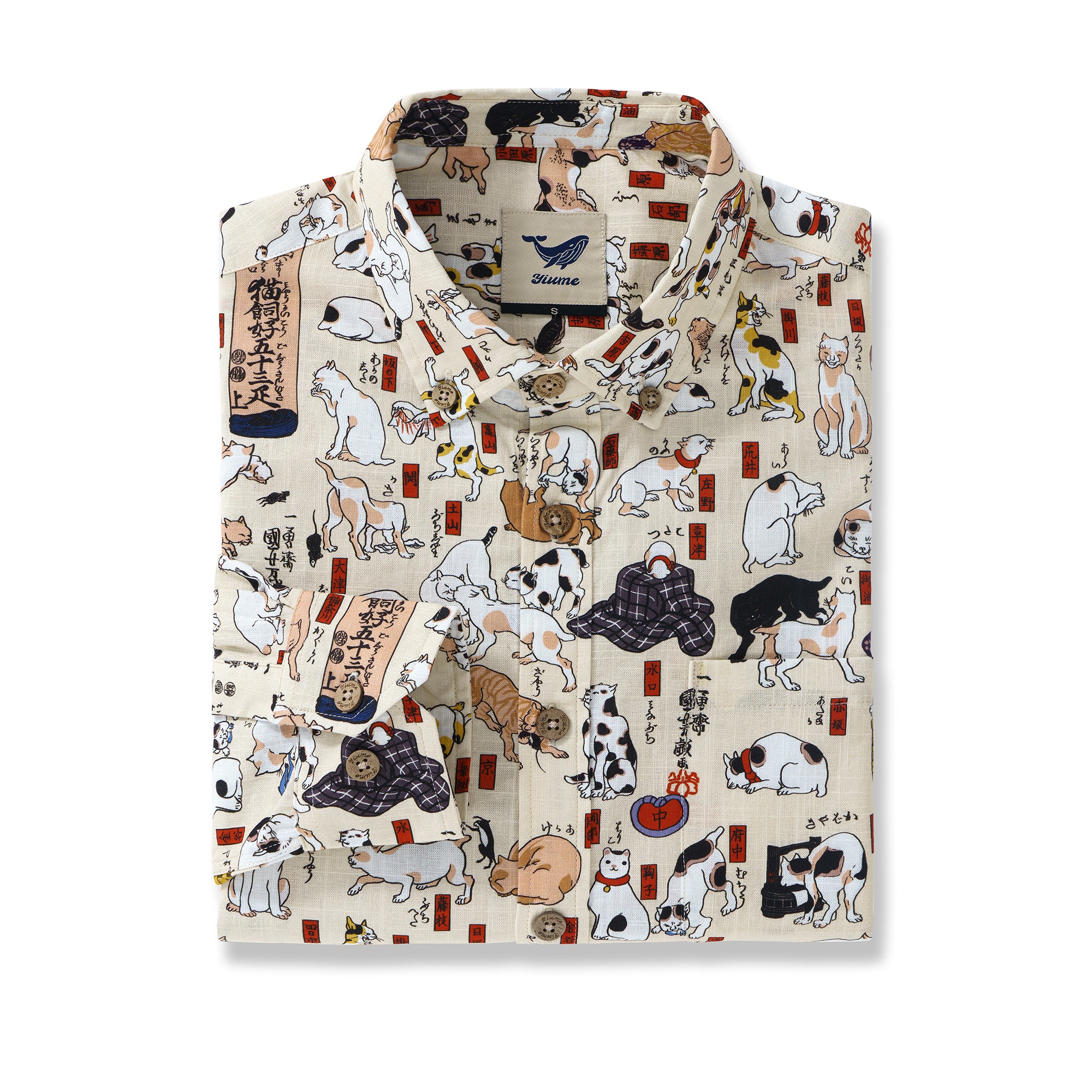 Tokaido 53 Station Cats Collection 100% Cotton Men's Aloha Hawaiian Long Sleeve Button-down Shirt