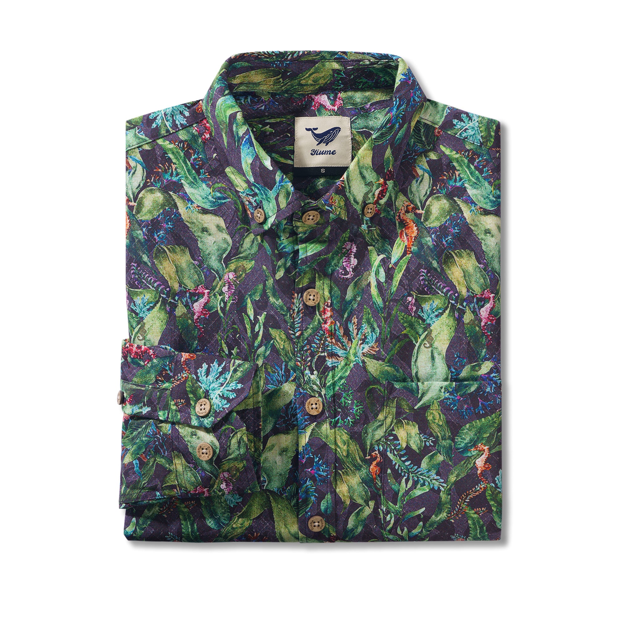 Seagrass and Seahorse 100% Cotton Men's Long Sleeve Button-down Shirt Green Aloha Hawaiian