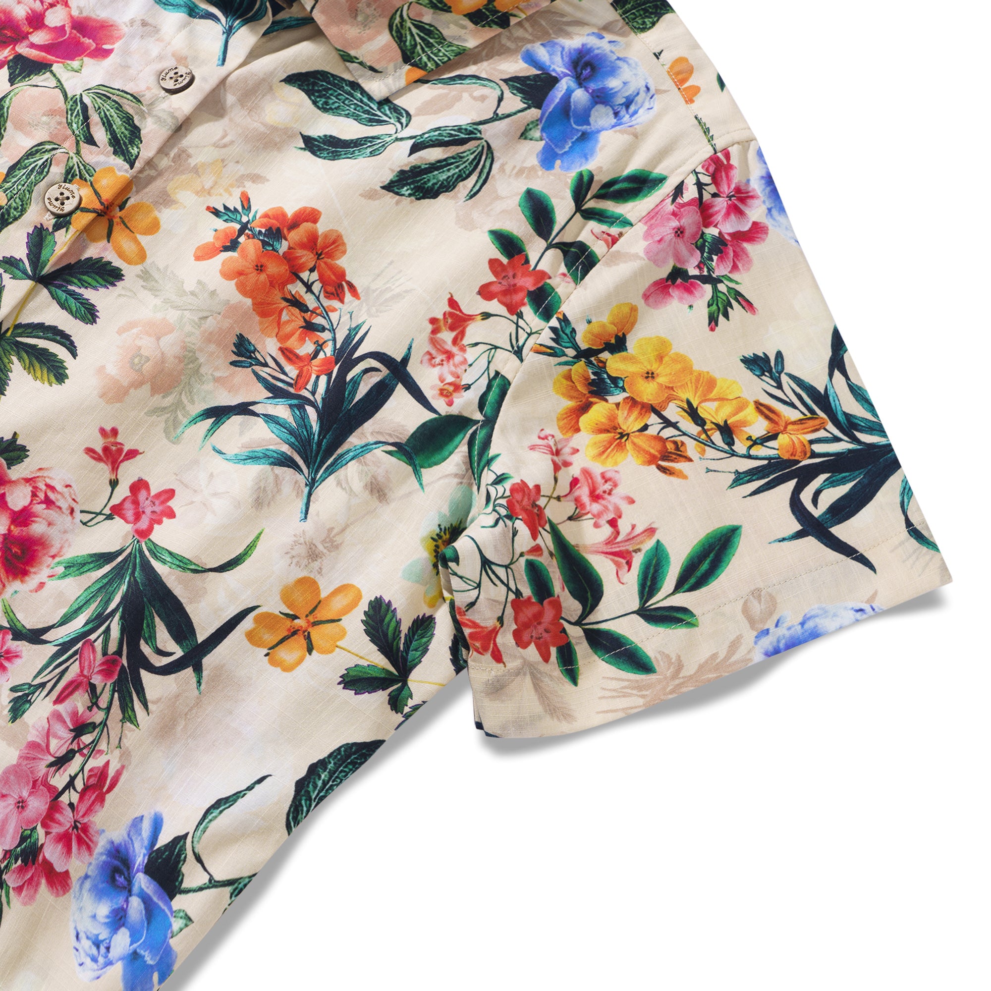 Floral Radiance 100% Cotton Women's Short Sleeve Button-up Shirt Beige Aloha Hawaiian