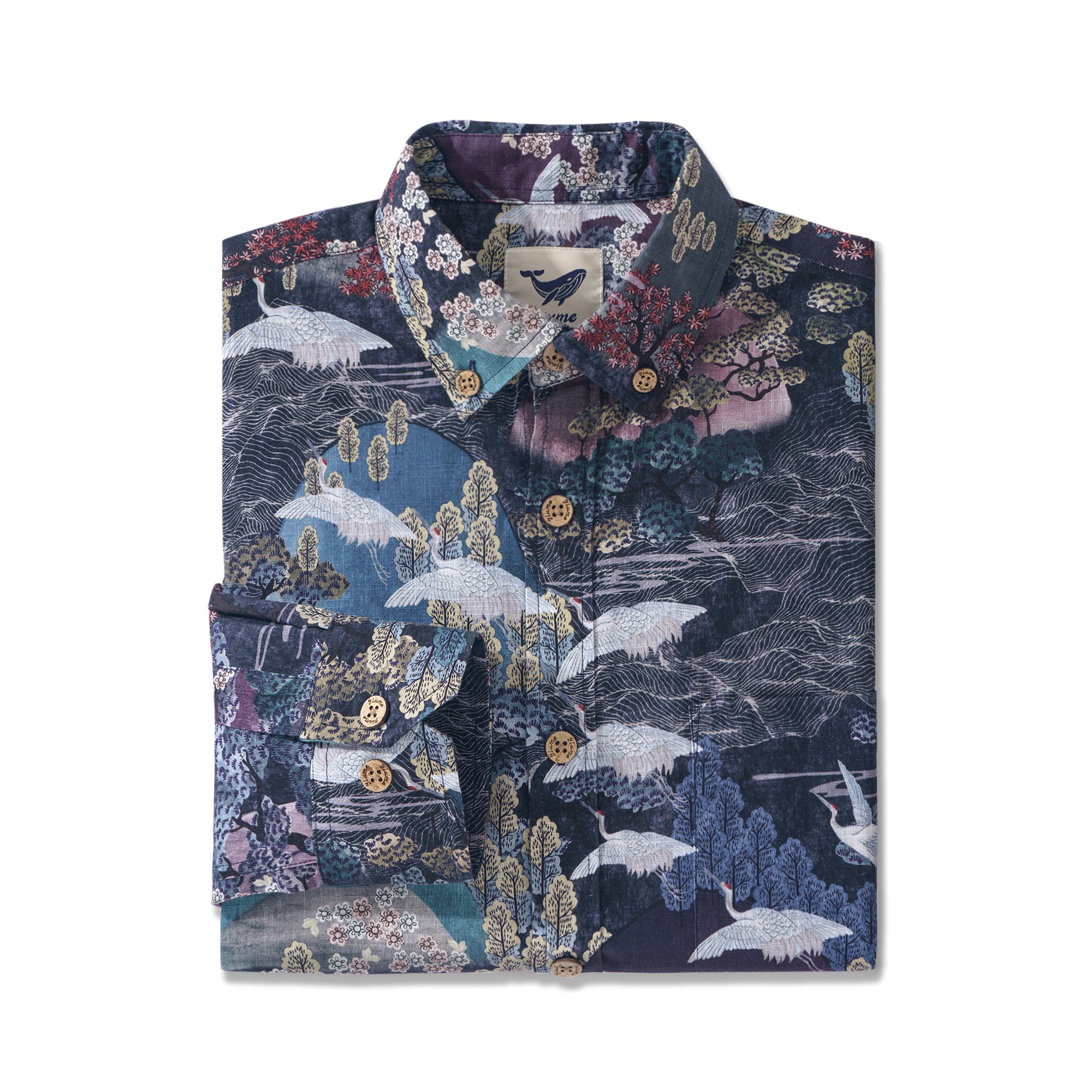 Dance of the Cranes 100% Cotton Men's Aloha Hawaiian Long Sleeve Button-down Shirt