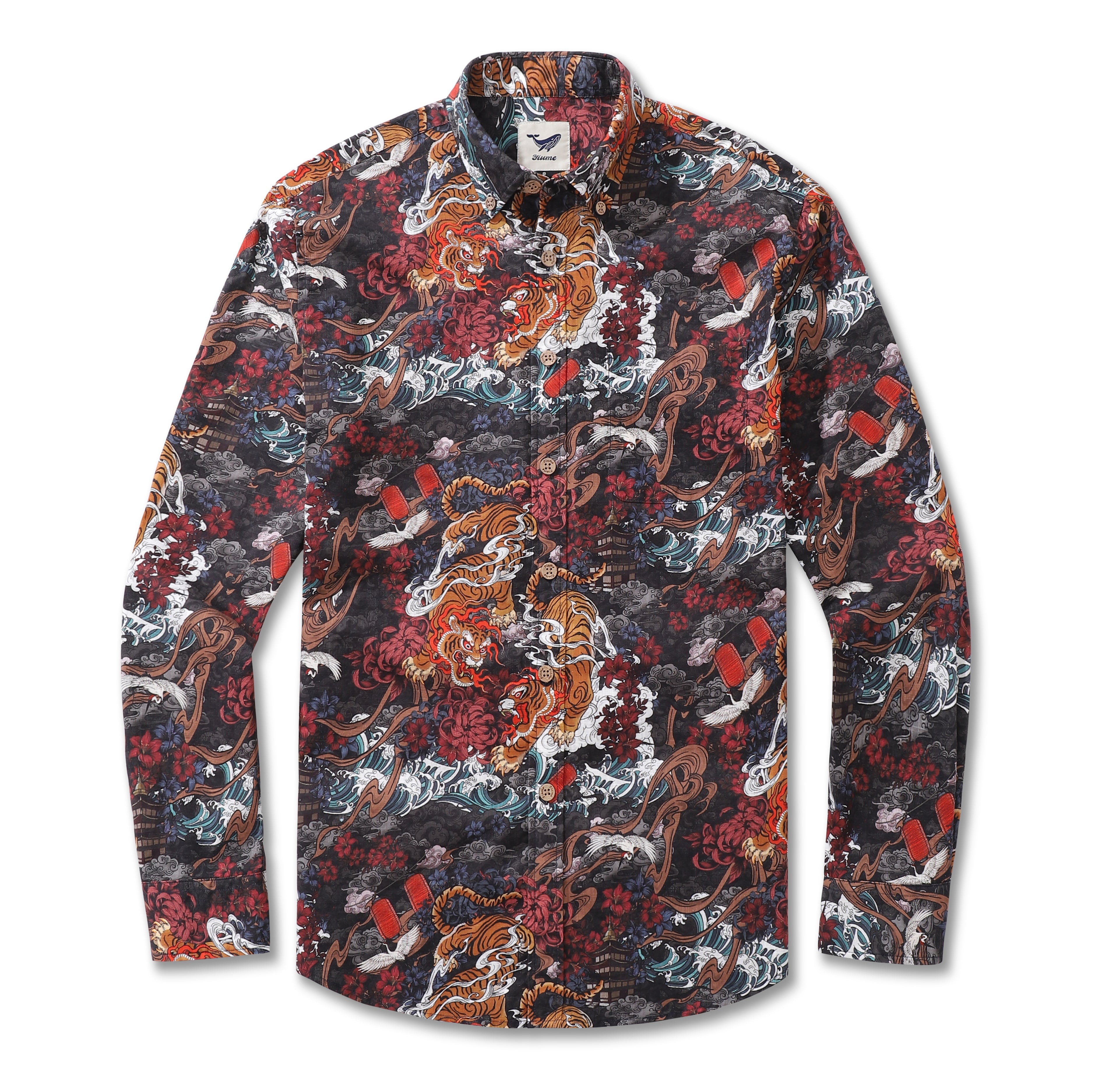 Long Sleeve Hawaiian Shirt For Men Tiger in the Mist Cotton Button-down Aloha Shirt