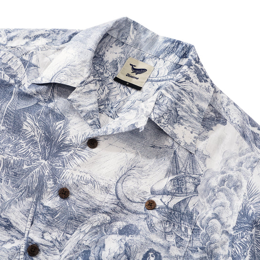 Men's Hawaiian Shirt Short Sleeve Camp Collar 100% Cotton Blue Aloha Ocean Muse