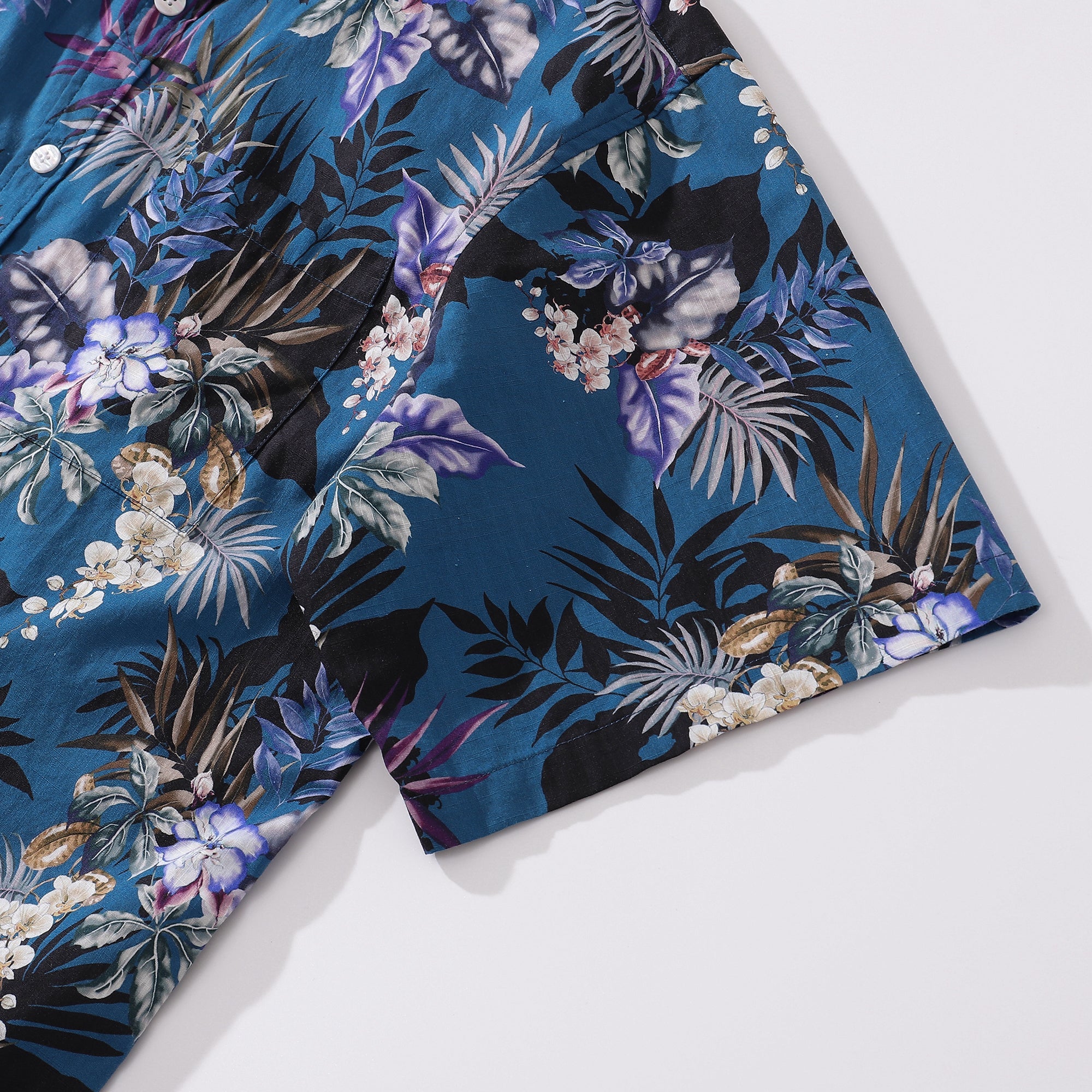 Dark Blue Hand Painted Orchid Floral Print 100% Cotton Button-down Shirt