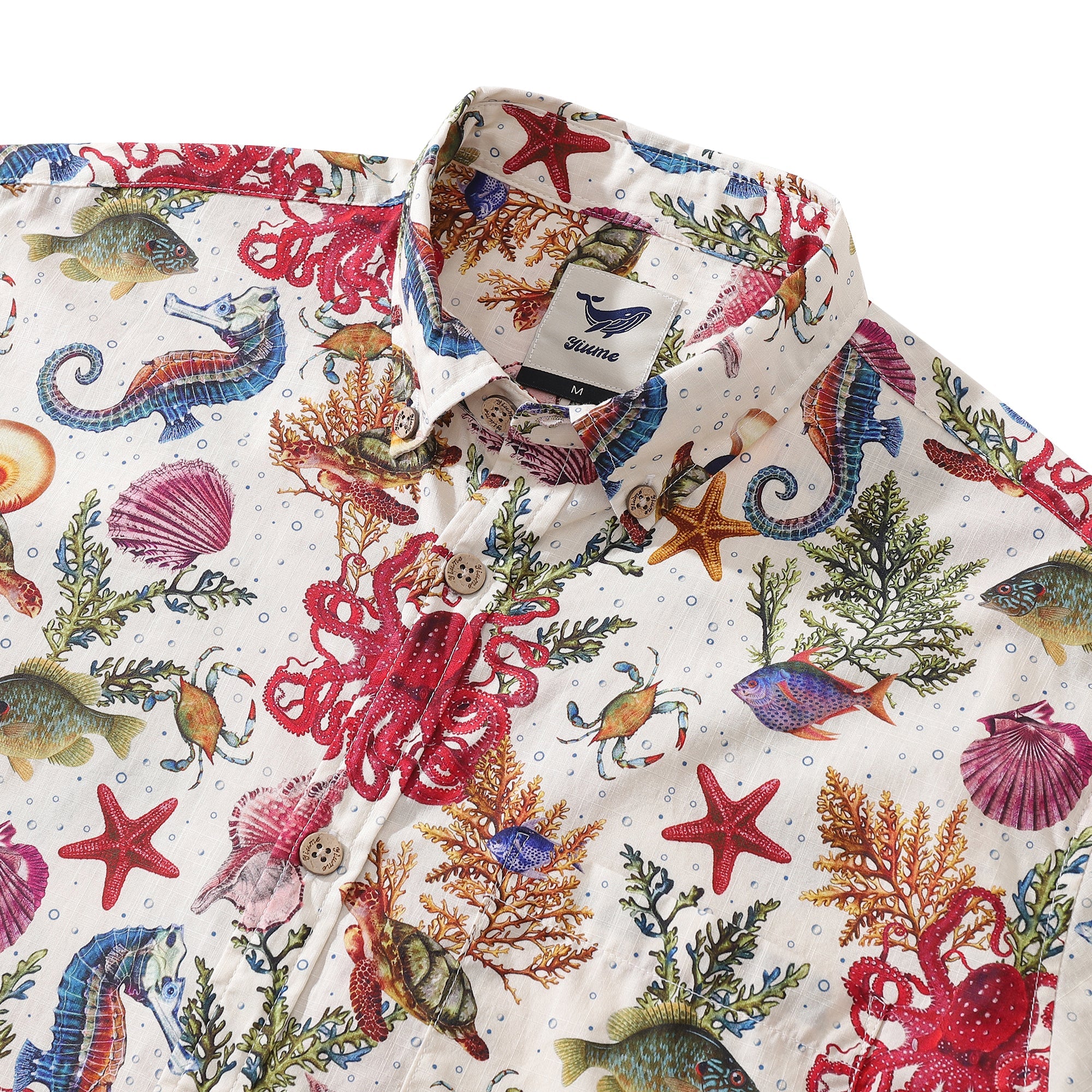 Camisa Hawaiana para Hombre Vida Marina Estampado Caballito de Mar Pulpo Algodón Botones Larga Manga Aloha