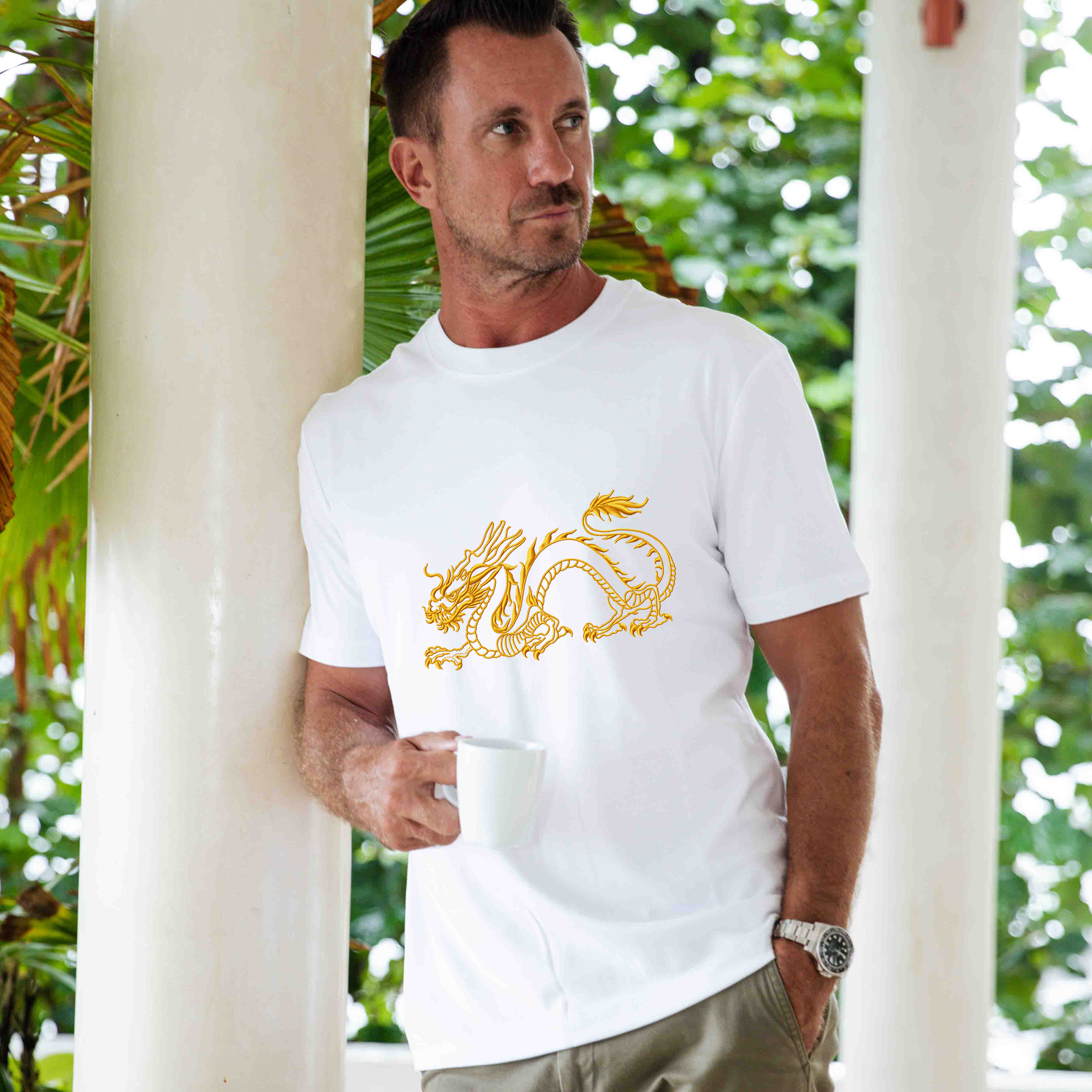 Hawaiian Tee For Men The Year of the Dragon Tee Crew Neck 100% Cotton - WHITE