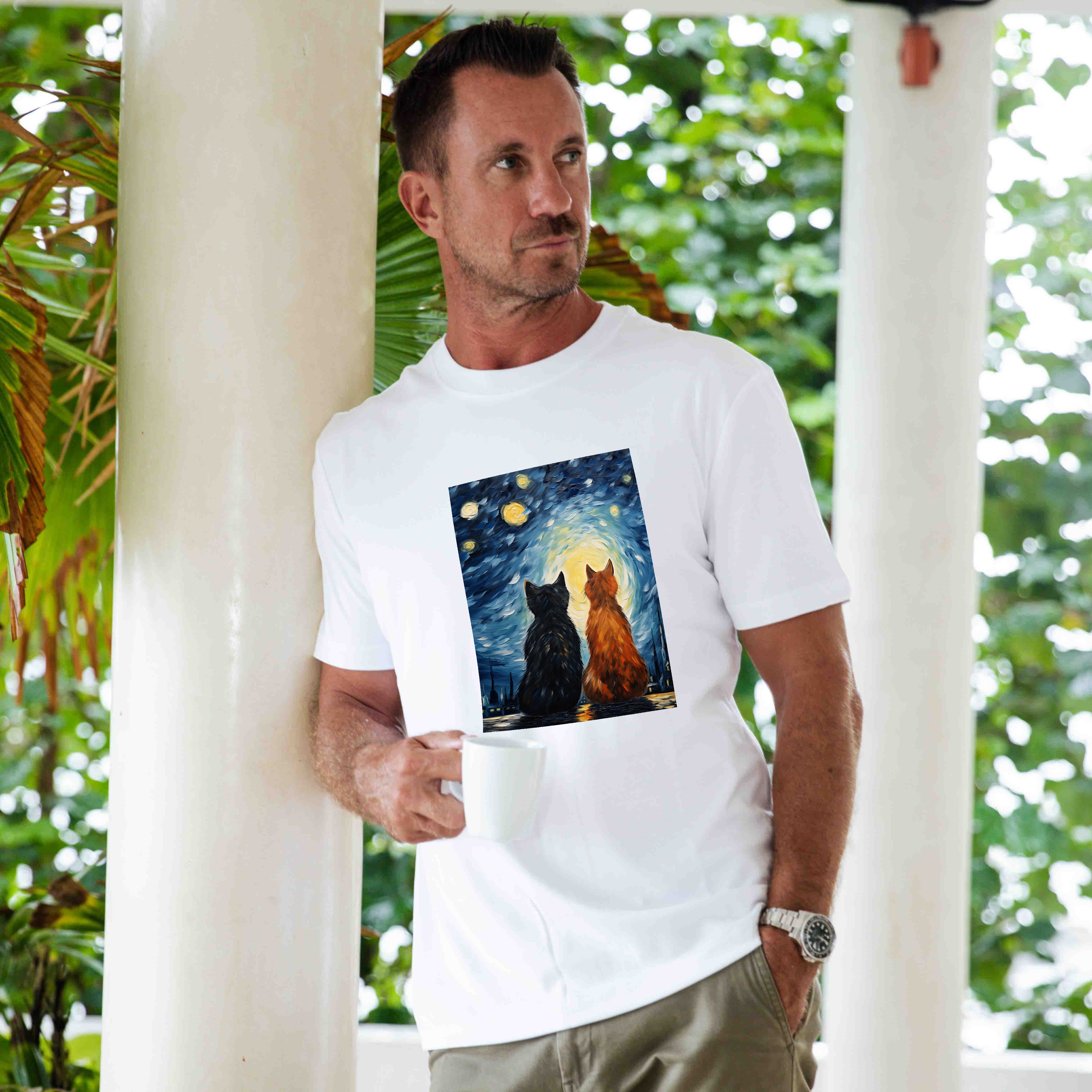 Camiseta hawaiana para hombre Cats In Love Camiseta Van Gogh Cuello redondo 100% Algodón - BLANCO