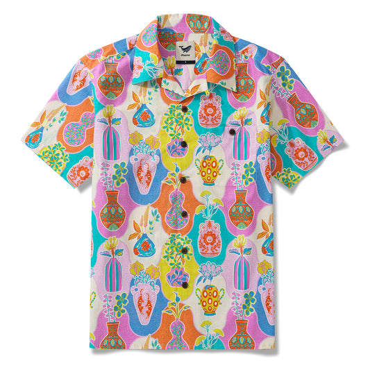 Colorful Kitschy Vases By Mona Ahmed 100% Cotton Men's Aloha Hawaiian Short Sleeve Camp Collar Shirt