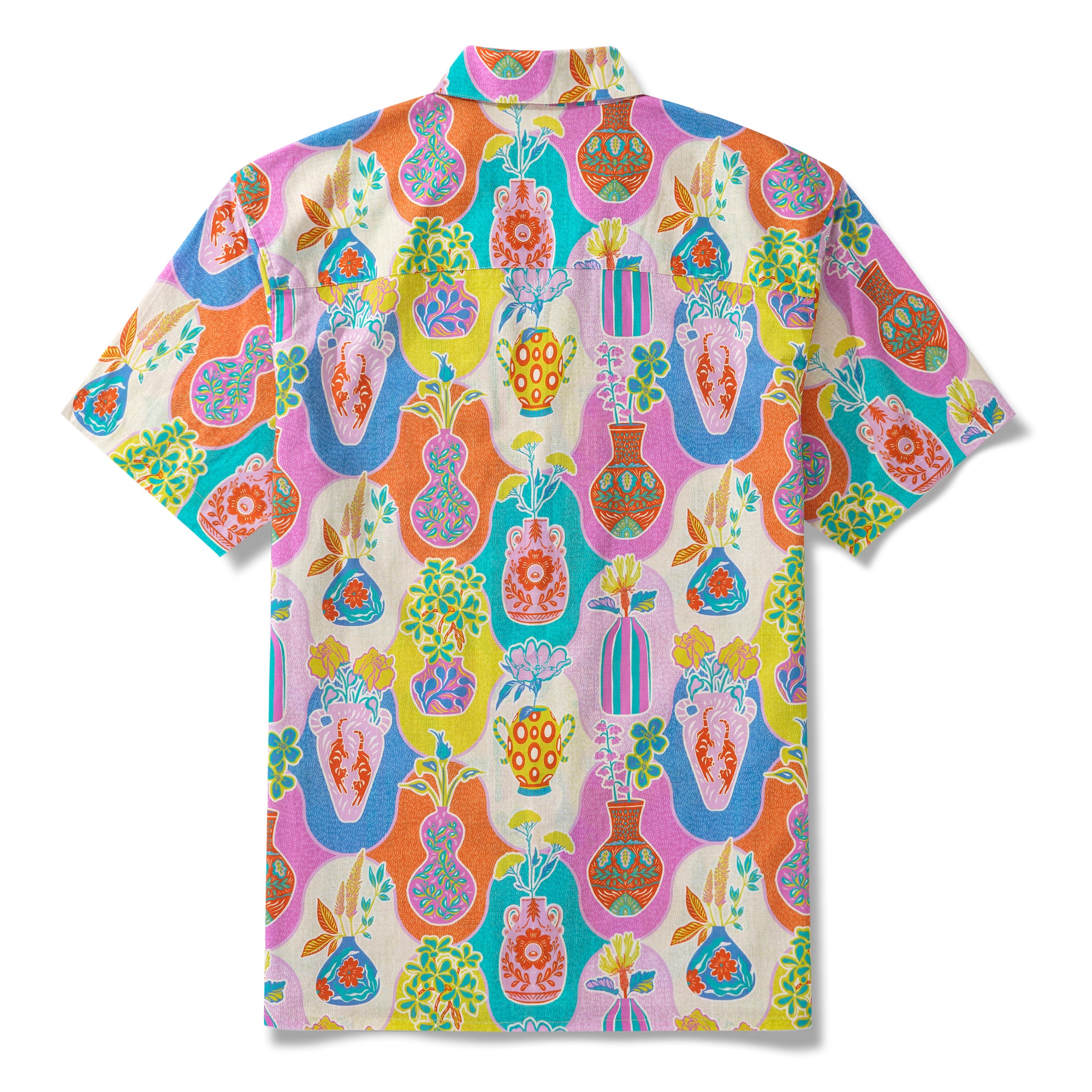 Colorful Kitschy Vases By Mona Ahmed 100% Cotton Men's Aloha Hawaiian Short Sleeve Camp Collar Shirt