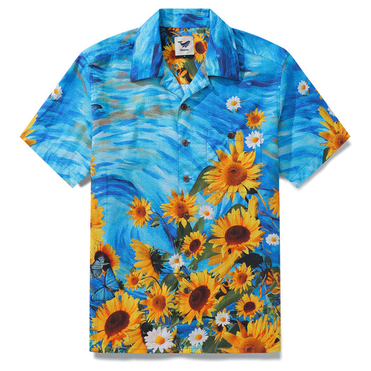 100% Cotton Hawaiian Shirt For Men Sunflowers Growing Wild Camp Collar Shirt