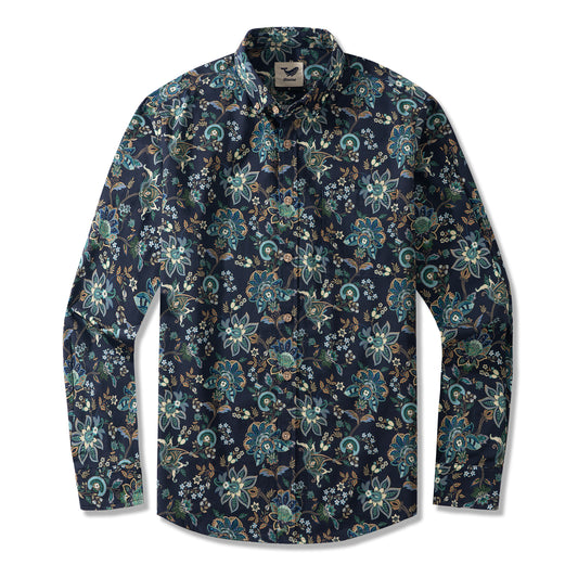 Hawaiian Artisan Shirts Black Fantasy Flowers 100% Cotton Men's Long Sleeve Button-down Shirt Green Aloha Hawaiian