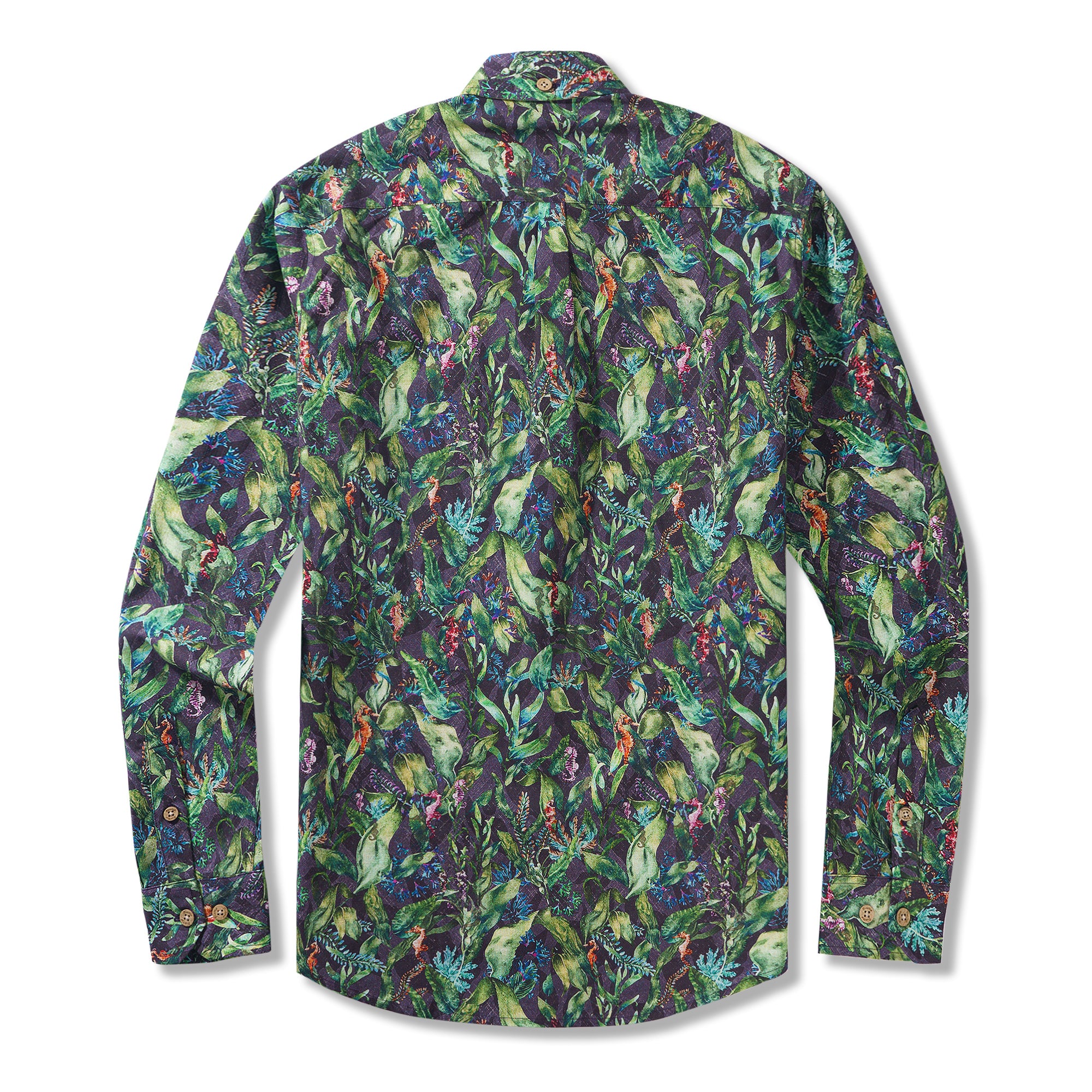 Seagrass and Seahorse 100% Cotton Men's Long Sleeve Button-down Shirt Green Aloha Hawaiian